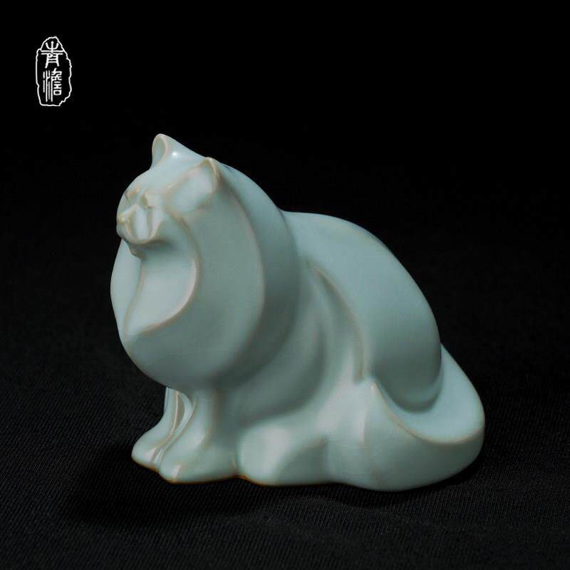 汝窑布偶猫茶宠摆件开片可养茶玩茶道配件景德镇陶瓷汝瓷复古青瓷