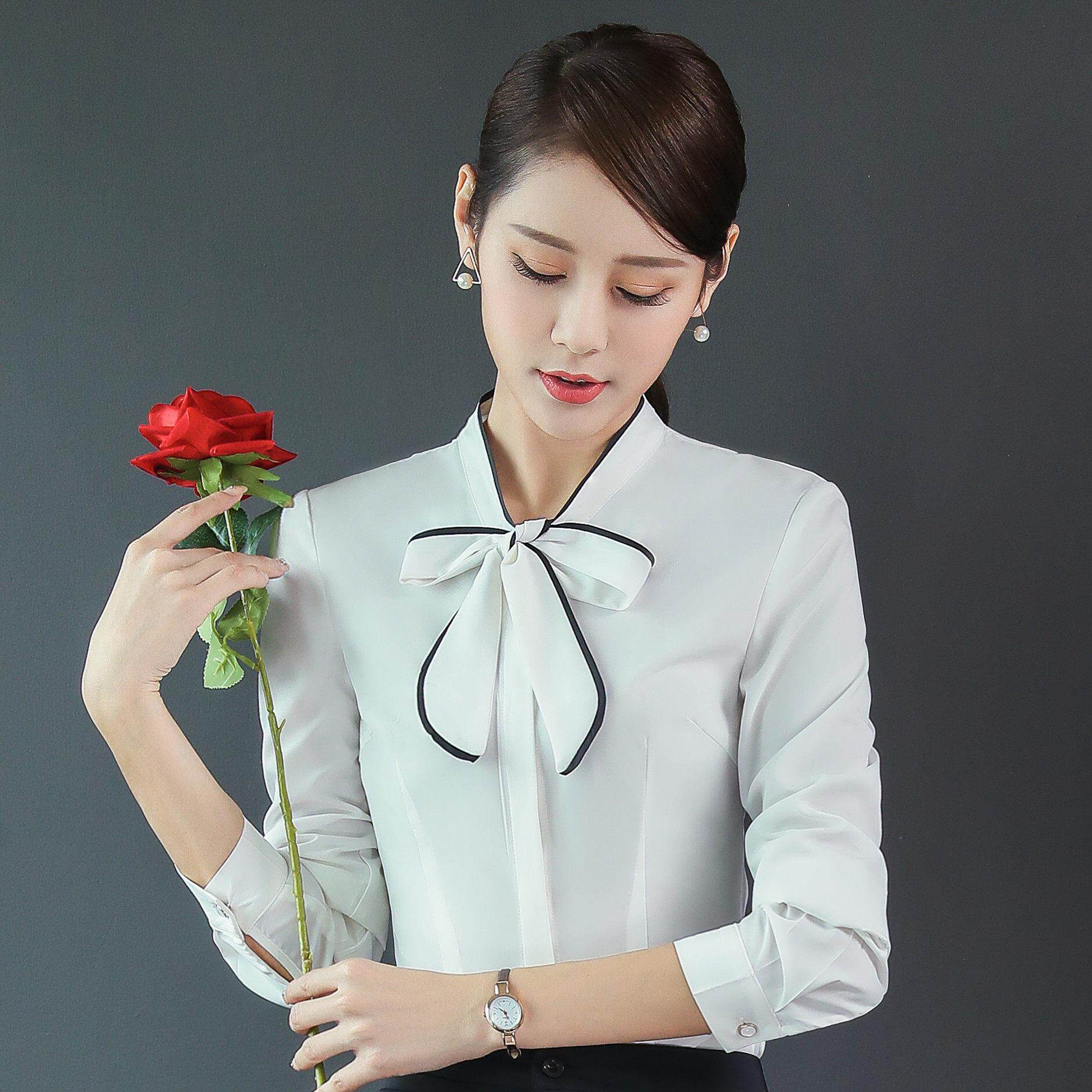 专业对比色女士立领衬衫，长袖正装，显瘦新型蝴蝶结修身优雅衬衫