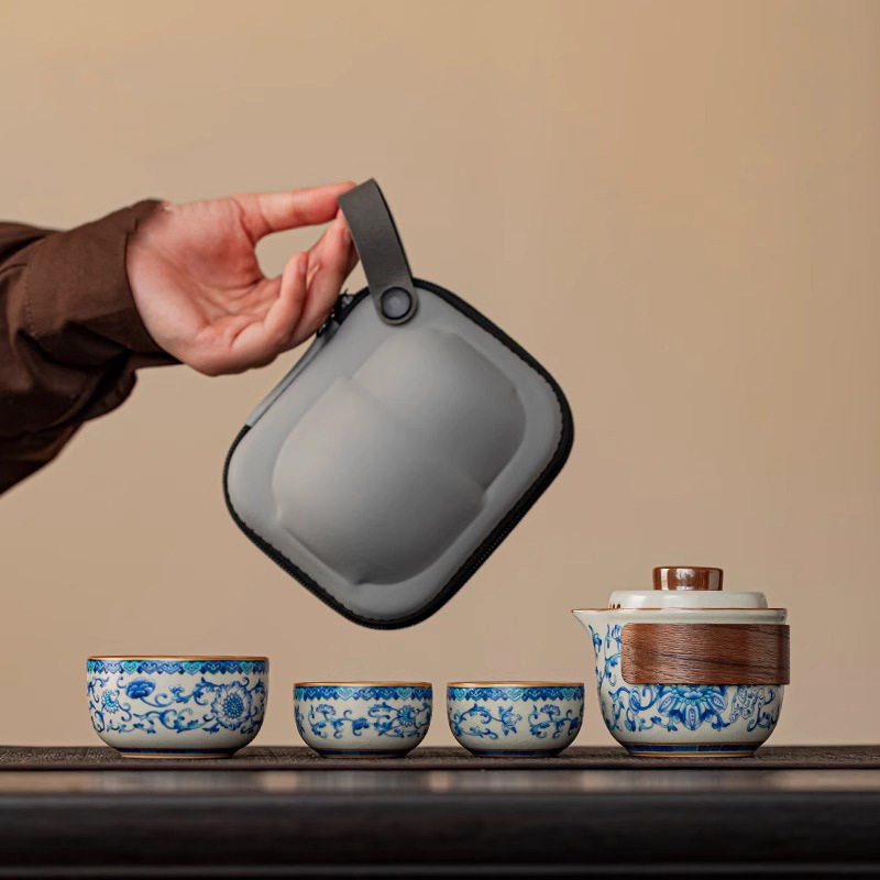 汝窑缠枝莲旅行茶具套装便携式户外青花瓷一壶三杯快客杯国风礼物