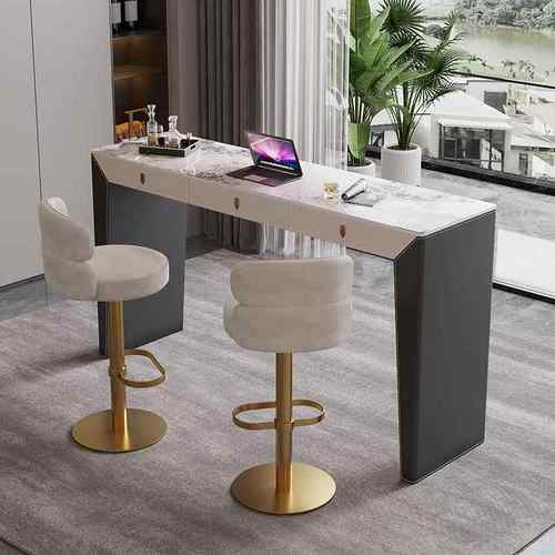 意式简约马鞍皮岩板吧台开放式厨房餐桌一体家用高脚吧台桌轻奢