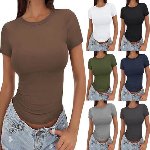 Womens Basic Crew Neck TShirts Short Sleeve Slim Fit Fitted