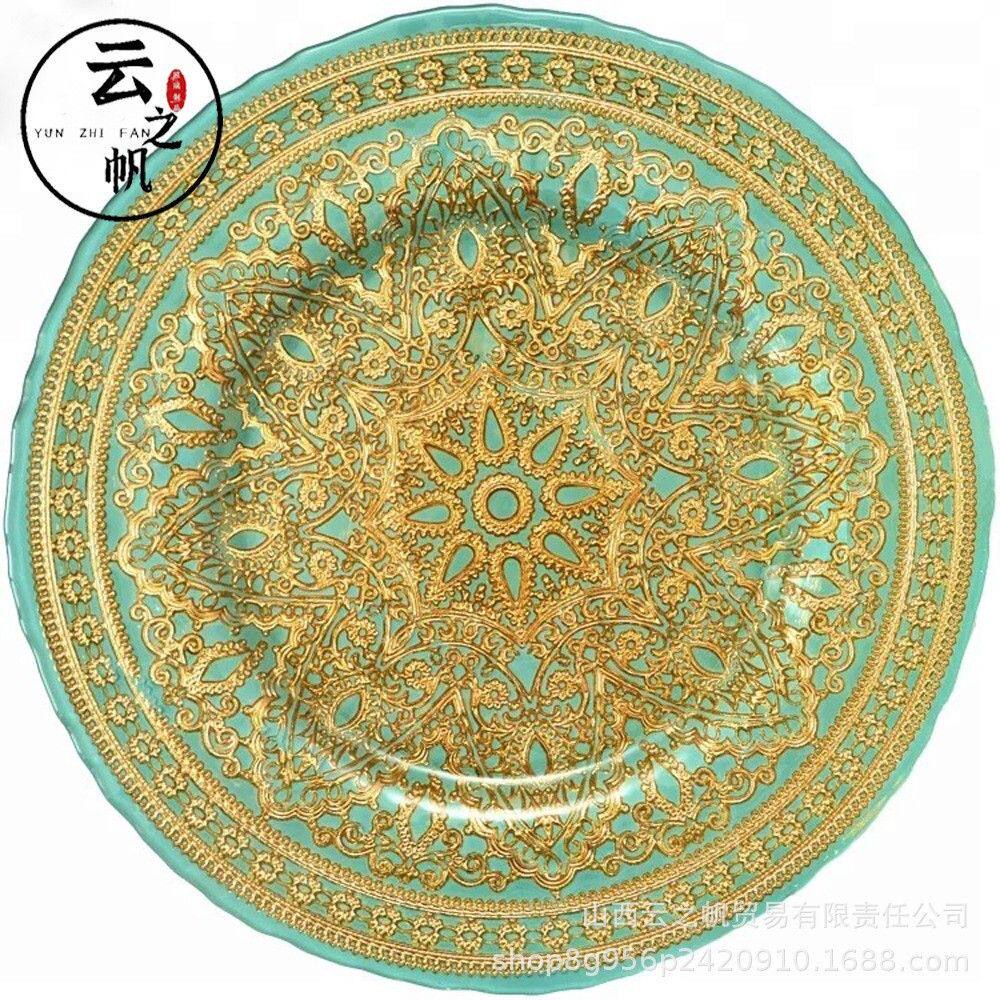 欧式样板间轻奢玻璃盘西餐餐盘家用黑金摆台餐碟金边西式摆件