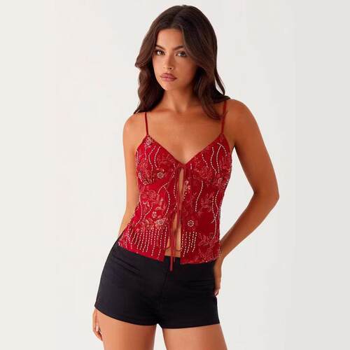 Hollow out strap deep neck vest with sequined suspender