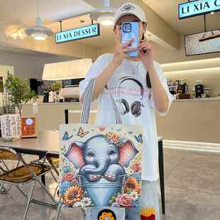 大容量帆布包女款2026新款ins新款帆布金丝大容量手提包单肩麻绳