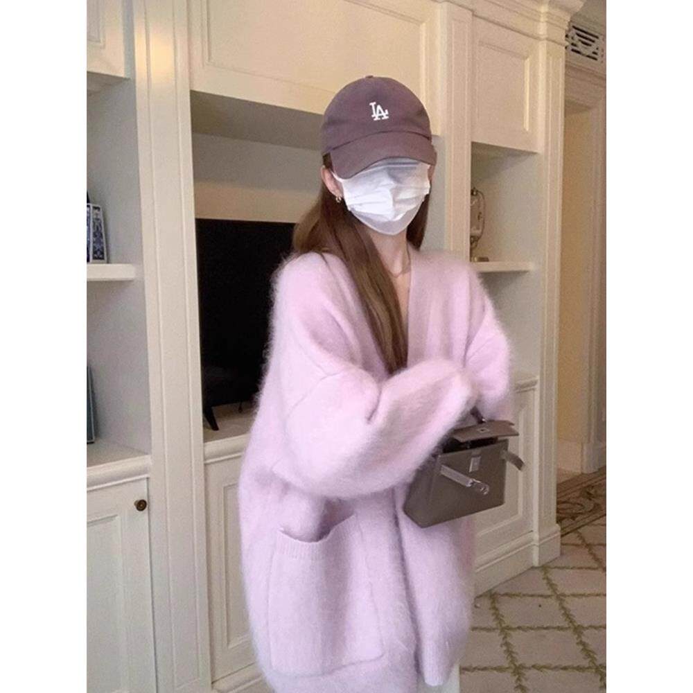 日系奶fufu慵懒紫色针织开衫女秋冬新款温柔软糯毛衣外套宽松上衣