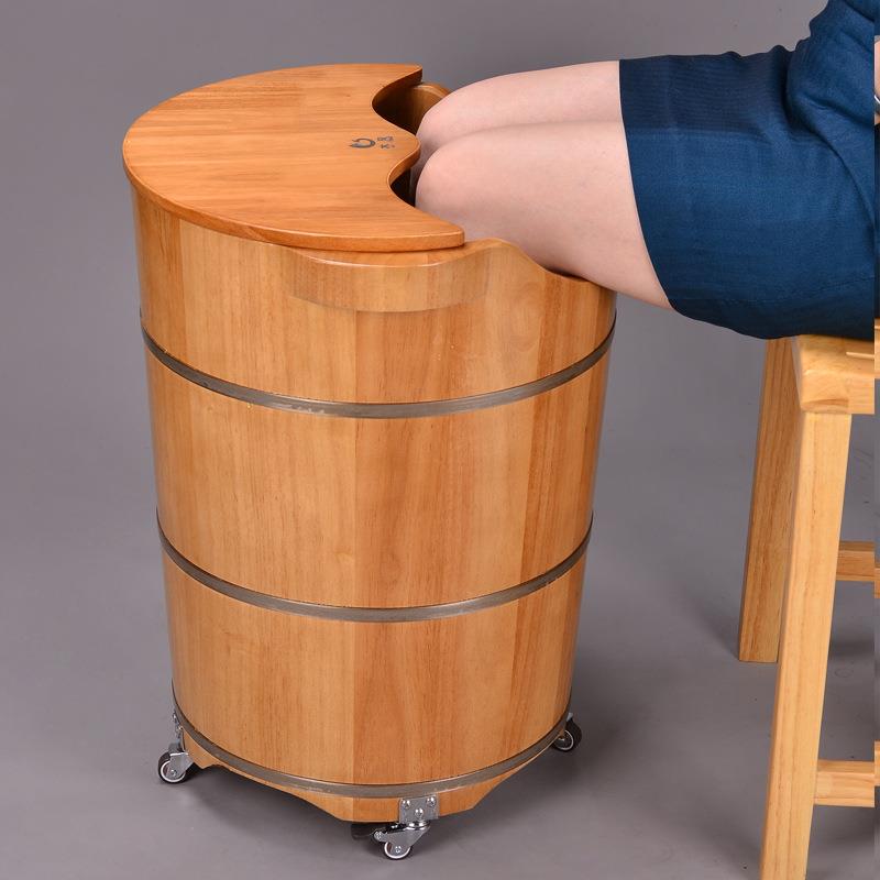 木盆家高深桶50高过Y^橡木桶泡脚木洗脚足浴用子小腿UEK带排水轮