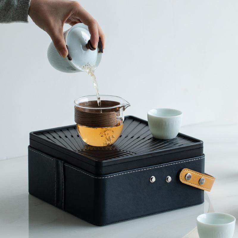 旅行茶具套装便携式快客杯户外陶瓷一壶四杯玻璃简约办公茶盘