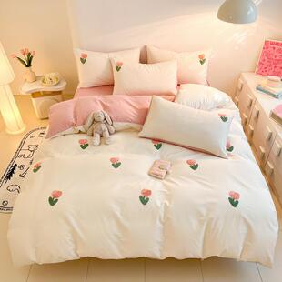 ins小清新全棉四件套纯棉简约100儿童卡通床笠款毛巾绣床单人被套