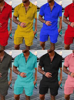 Men's printed shirt set with collar, short sleeved