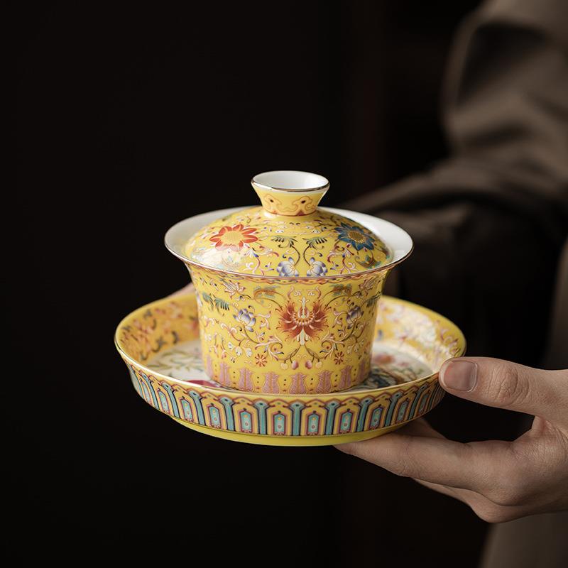珐琅彩三才盖碗不烫手喝茶杯中式风茶碗普洱杯复古茶盏单个敬茶碗