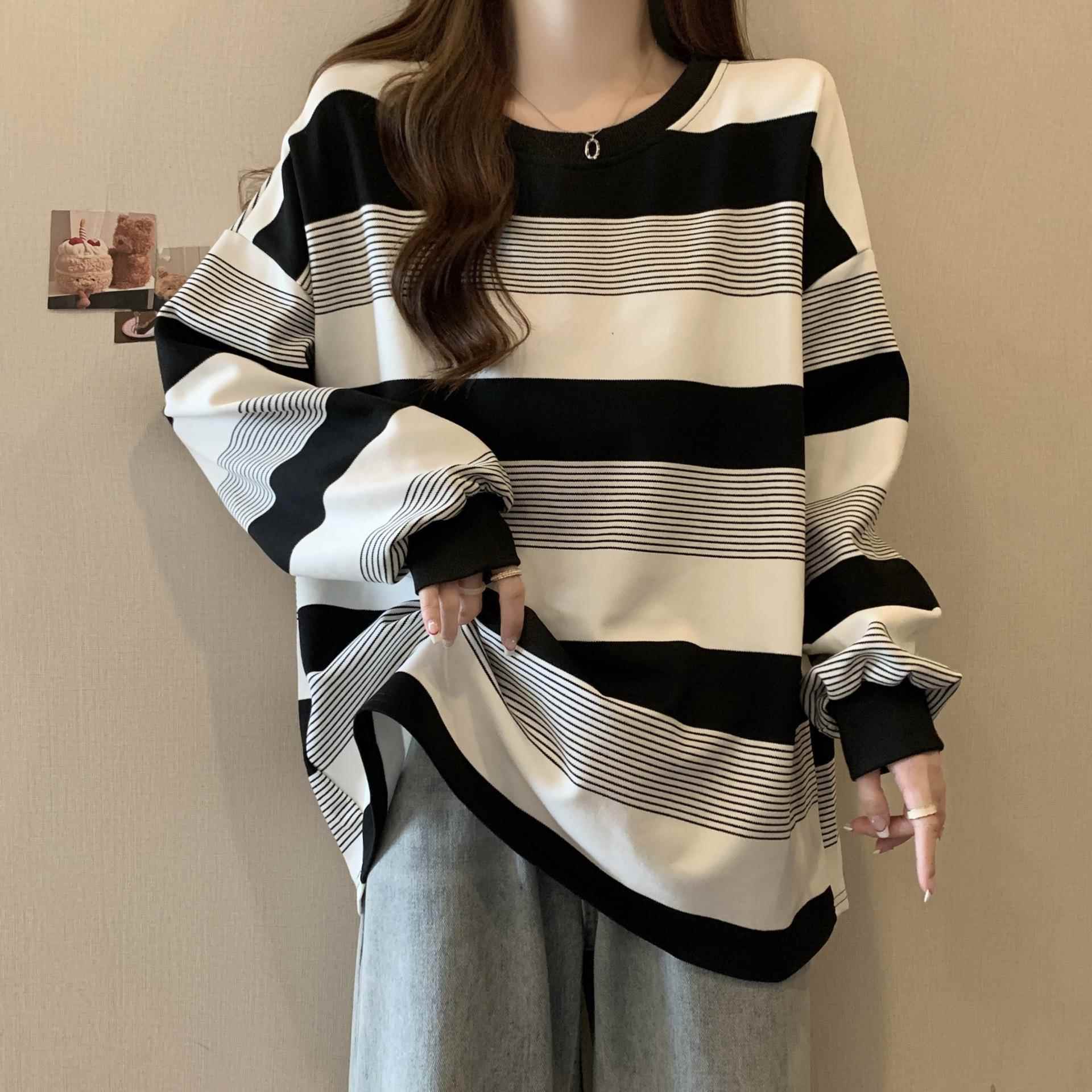 条纹圆领套头薄款宽松女款休闲风时尚撞色春款卫衣春季女上衣定制