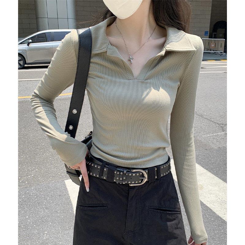 韩系穿搭POLO领长袖女装春秋新款修身显瘦设计感内搭打底百搭上衣