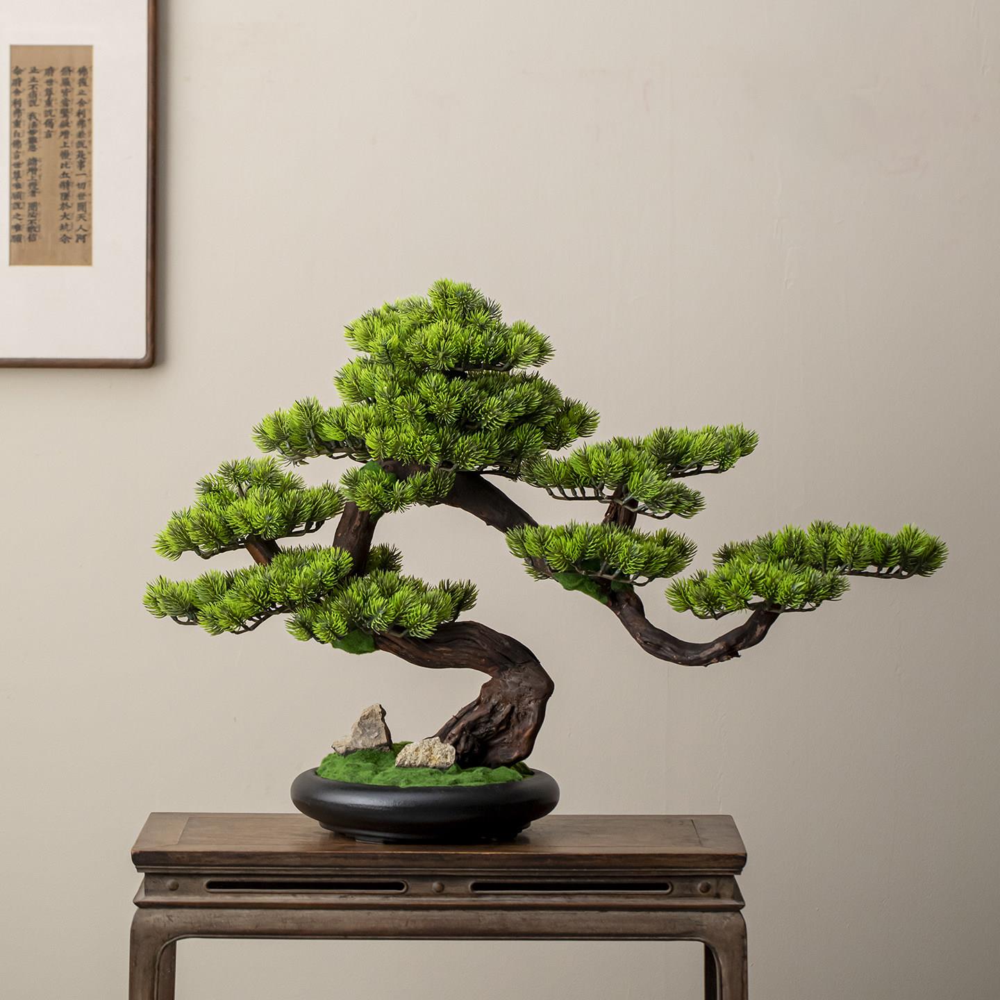 新中式仿真迎客松实木假树绿植盆景玄关客厅办公室桌面装饰品摆件