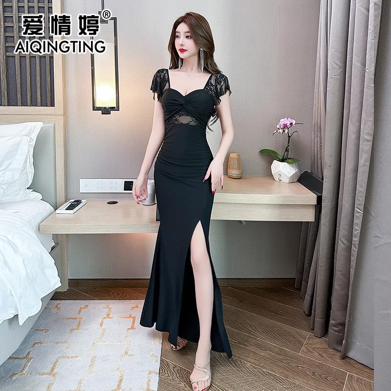 夜总会上班衣服透视性感连衣裙长款长裙减龄v领露背柔式工作服女