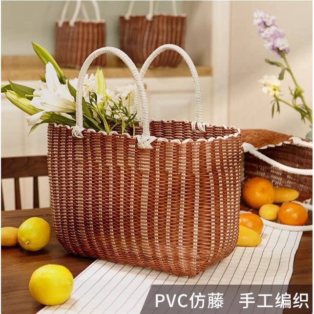 手提菜篮子买菜篮彷藤编织购物篮网红野餐篮洗澡篮浴框零食收纳