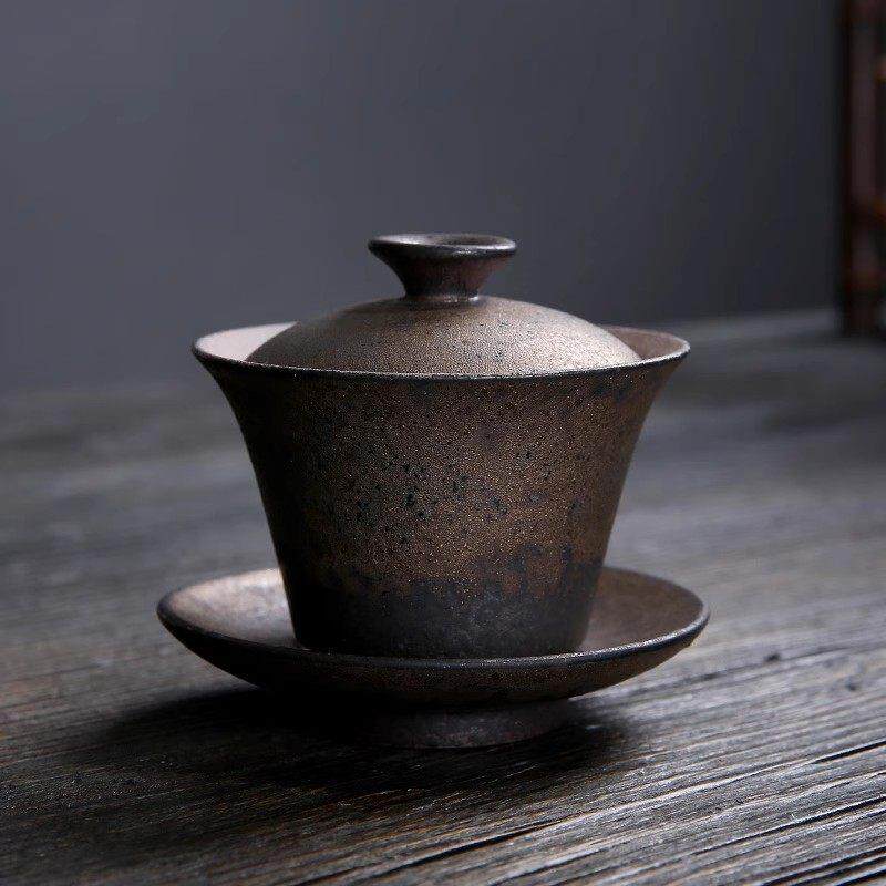 三才盖碗粗陶手工铁釉大号茶杯陶瓷泡茶碗功夫茶具茶道碗单个盖碗
