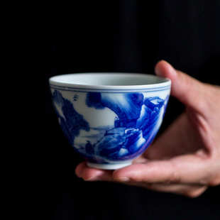 仿古半手工山水青花碗杯个人杯主人杯家用陶瓷单杯功夫茶具小茶杯