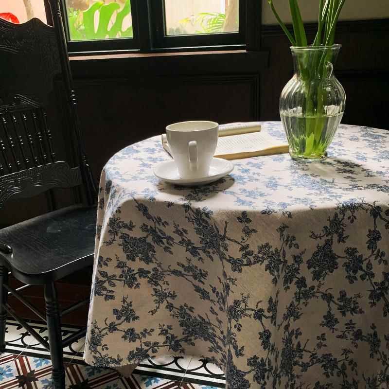 法式复古蓝色碎花圆桌布ing风棉麻茶几布ins桌巾田园风轻奢高级感