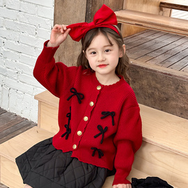 艾摩贝贝新年款~女童宝宝，甜美红色蝴蝶结针织衫包芯纱针织外套