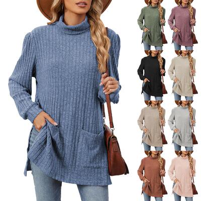 Half high collar long sleeved slit pocket T-shirt