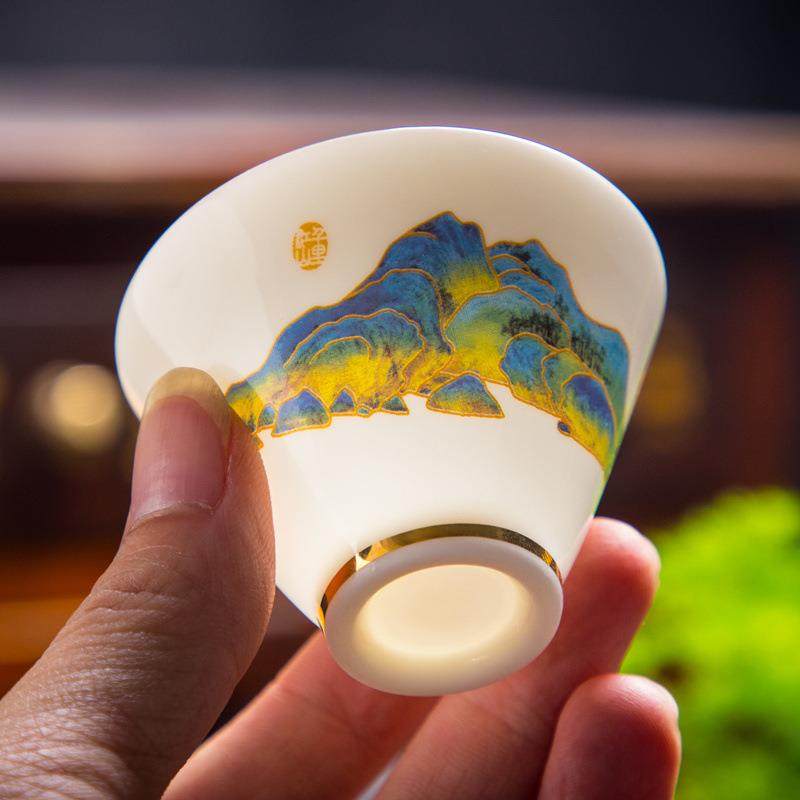 羊脂玉茶杯 品茗杯德化白瓷敬茶杯手工描金功夫茶具家用单杯茶盏