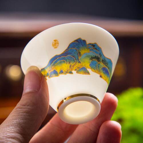 羊脂玉茶杯 品茗杯德化白瓷敬茶杯手工描金功夫茶具家用单杯茶盏