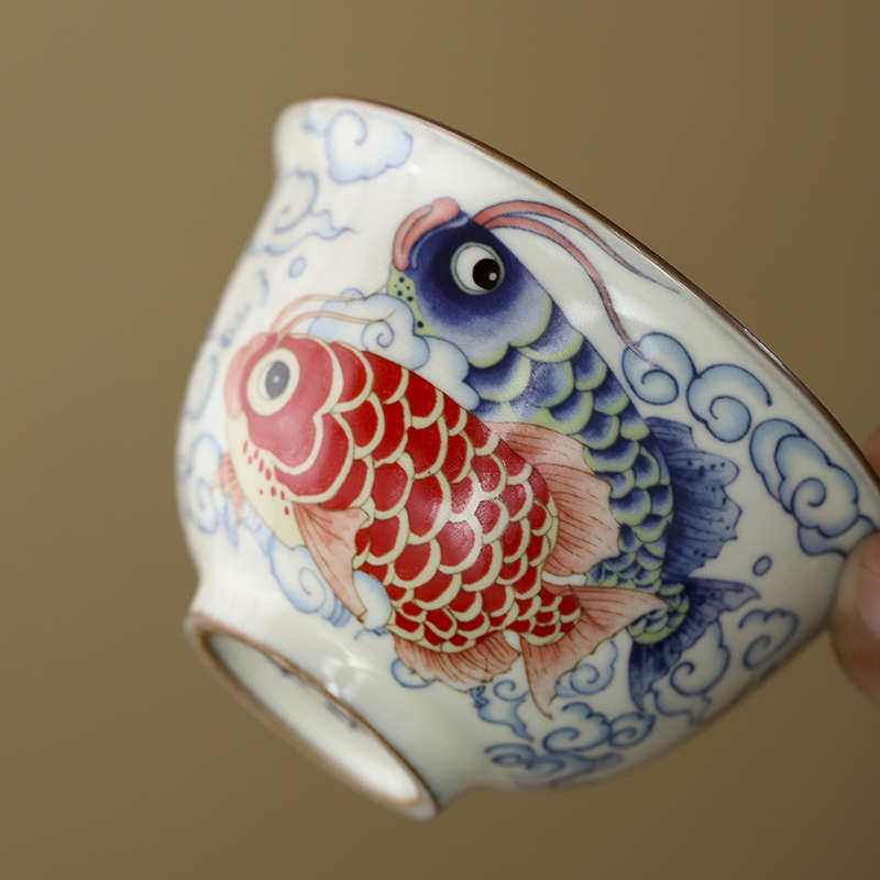 青花汝窑龙鱼三才盖碗单个高档茶碗中式陶瓷家用防烫功夫泡茶具,餐饮具,盖碗,淘宝优惠券,粉丝福利购,淘宝优惠卷