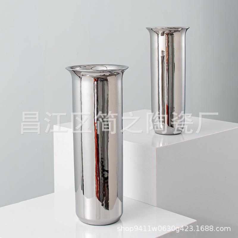 现代电镀陶瓷花瓶摆件客厅餐桌玄关茶几样板房干花插花器桌面摆设