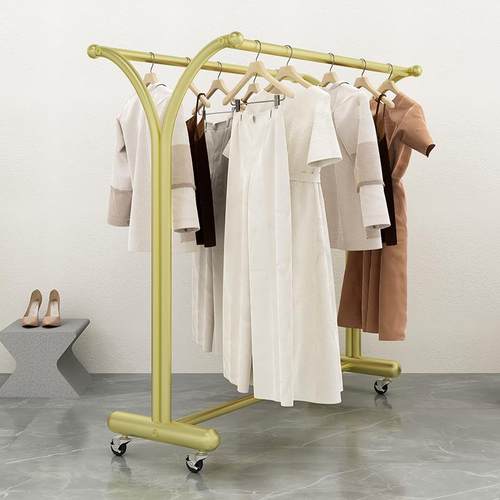 服装店中岛展示架童装店双排中间货架带轮女装双杠落地陈列衣服架