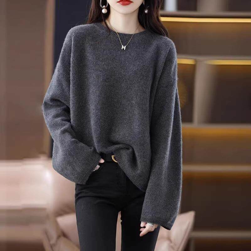 RIERA慵懒风宽松落肩袖圆领羊绒衫软糯浣熊绒针织毛衣女秋冬纯色