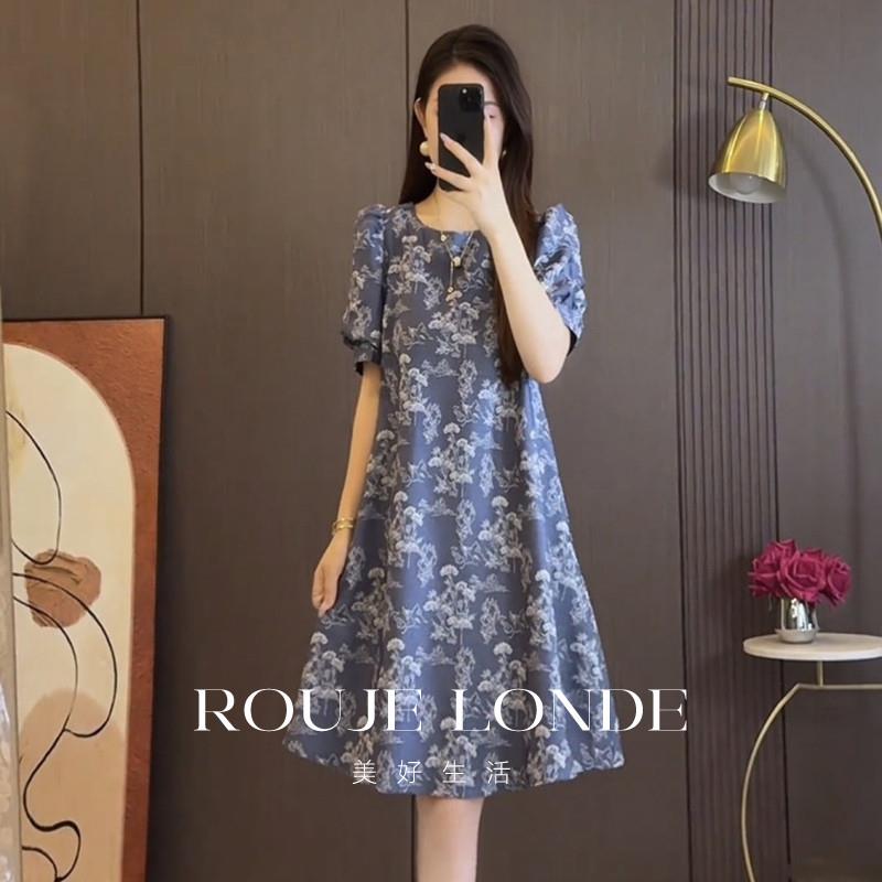 ROUJE LONDE高级感大码显瘦连衣裙胖mm短袖设计款碎花泡泡袖A字裙