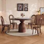 法式 实木餐桌椅组合家用小户型带转盘高端中古风白蜡木实木圆桌子