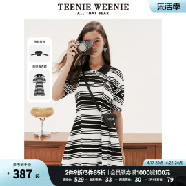 teenieweenie小熊泡泡袖，polo领条纹针织连衣裙，韩版设计感女夏