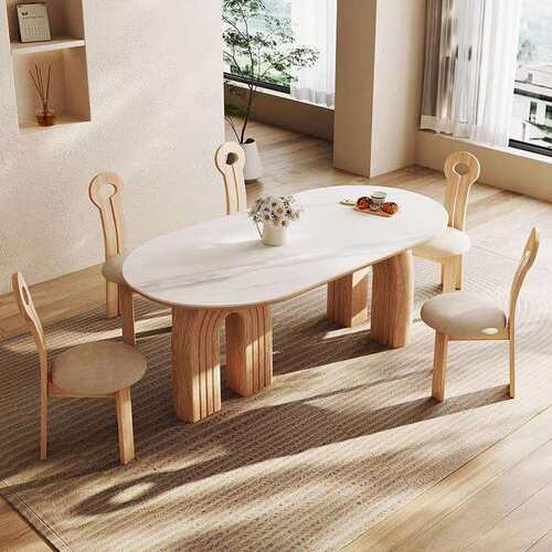 乐树家具实木餐桌原木风高端现代简约家用椭圆形加厚岩板饭桌椅子
