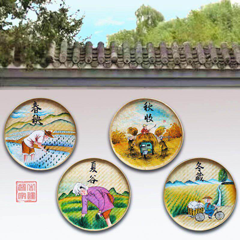 乡村振兴手绘竹编簸箕画户外田园乡风文明墙面背景竹筛装饰壁挂画