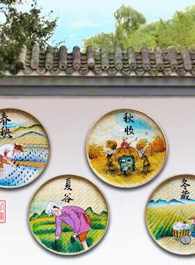 乡村振兴手绘竹编簸箕画户外田园乡风文明墙面背景竹筛装饰壁挂画