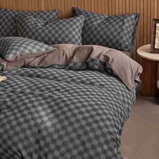春夏新款全棉色织双层纱复古格子全棉四件套民宿暗色系被罩床单款