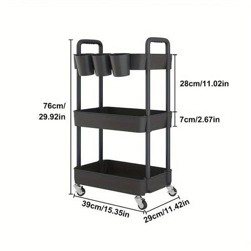 1pc 3 Tier Rolling Utility Cart Multifunctional Storage跨境