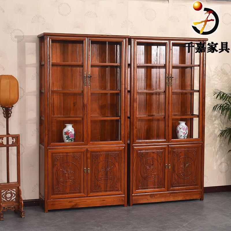 榆木玻璃展示柜木质珠宝柜仿古木质书架玻璃书柜组合木质柜
