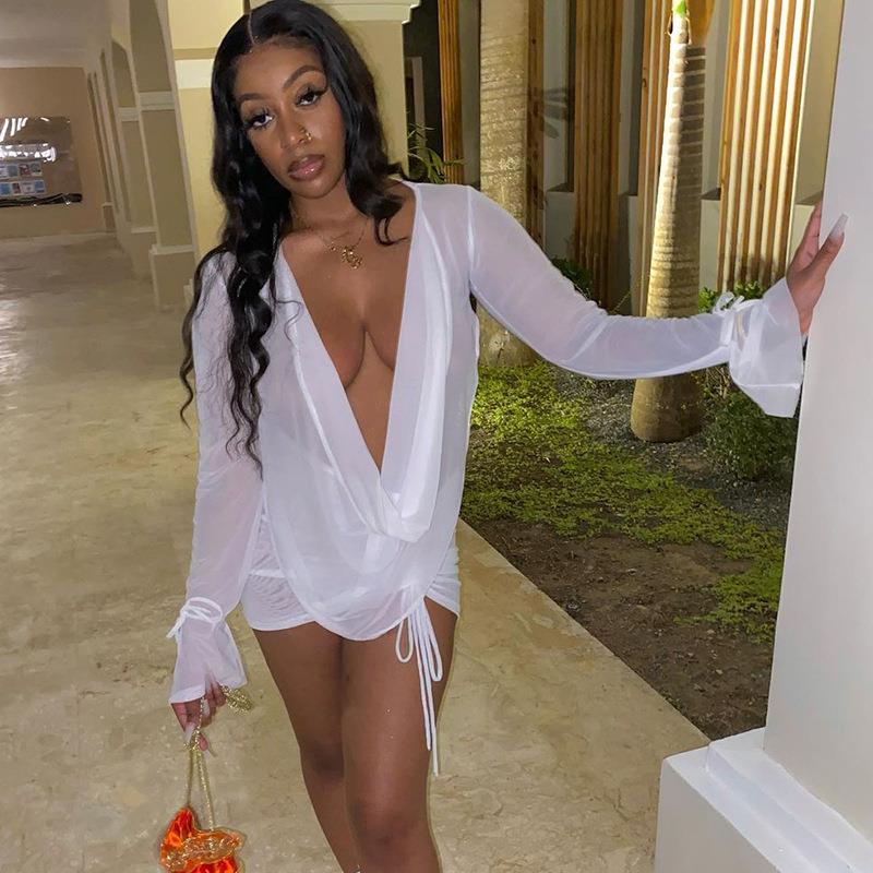 chic sexy crop skirt sleeves vacation beach shirring sets