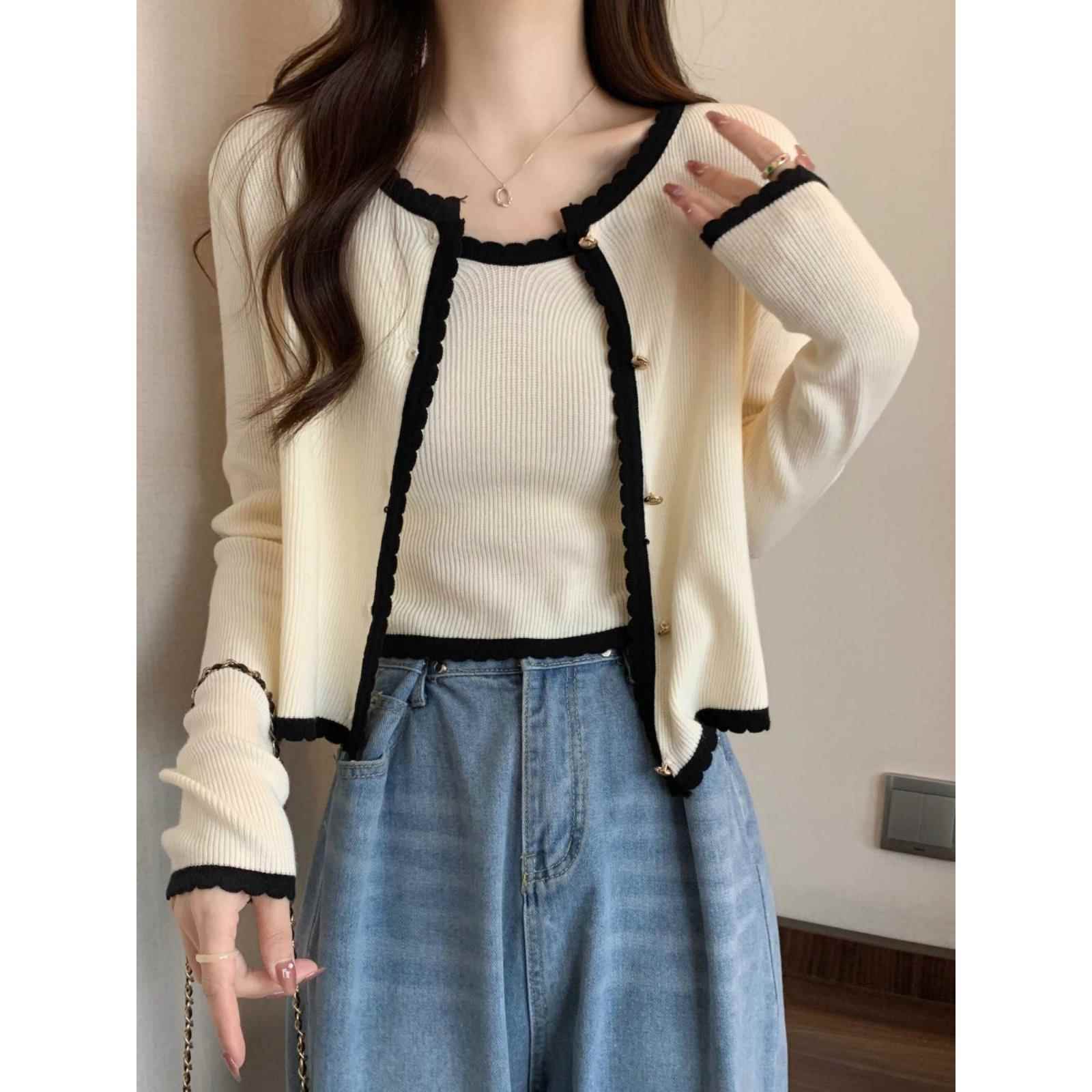 早秋chic上衣毛衣外套女吊带两件套针织开衫短款女小香风套装韩系