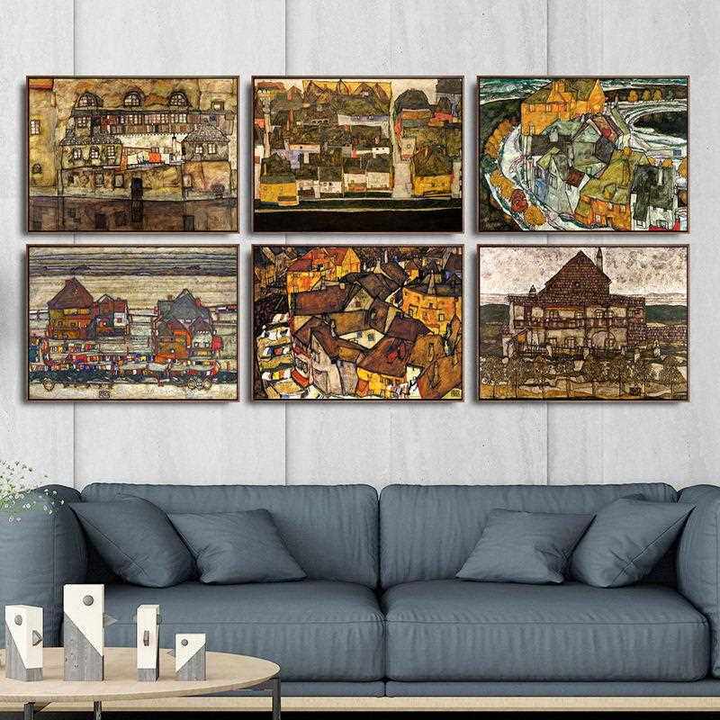 新款直销奥地利埃贡席勒黄色小镇客厅餐厅壁画艺术微喷油画布打印
