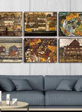 新款直销奥地利埃贡席勒黄色小镇客厅餐厅壁画艺术微喷油画布打印