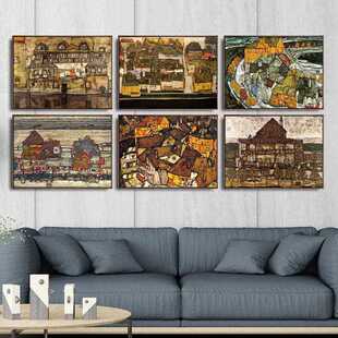 新款直销奥地利埃贡席勒黄色小镇客厅餐厅壁画艺术微喷油画布打印