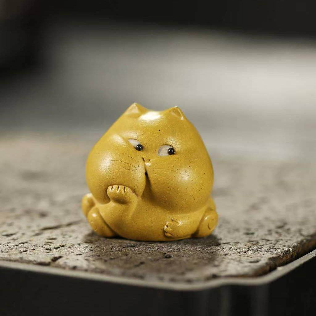 宜兴紫砂茶宠托腮猫精品高端可养茶宠年余老师作品茶玩茶道小摆件
