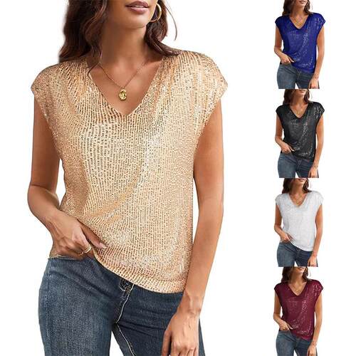 Elegant Women's Sequined V-Neck Batwing Sleeve Top Blouse,