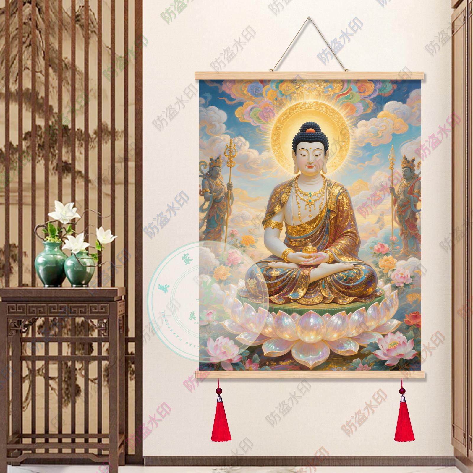 中式释迦摩尼佛像装饰画客厅卧室挂画如来佛祖画像禅意流苏装饰画