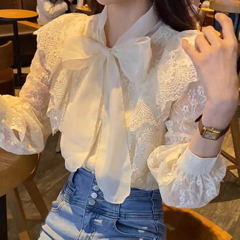 超仙的蝴蝶结长袖蕾丝衬衫女春秋款欧货洋派高级显瘦打底内搭上衣