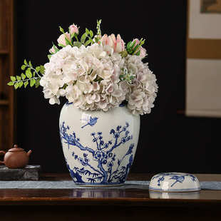 景德镇仿古手绘花鸟花瓶中式陶瓷罐玄关摆件可水培收纳别墅花瓶