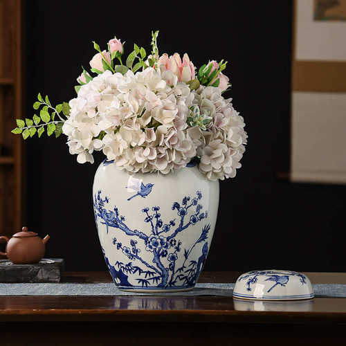 中式手绘花瓶仿古花瓶瓷罐玄关陶摆件可收纳景德镇花鸟别墅水培